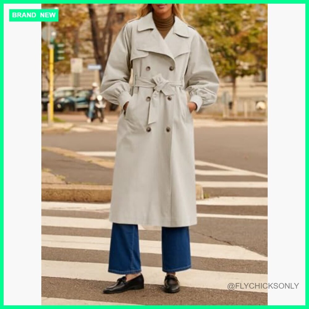 Long Trench Coat Oversized Double Breasted Lapel Polyester Blend Outerwear - Picture 4 of 7